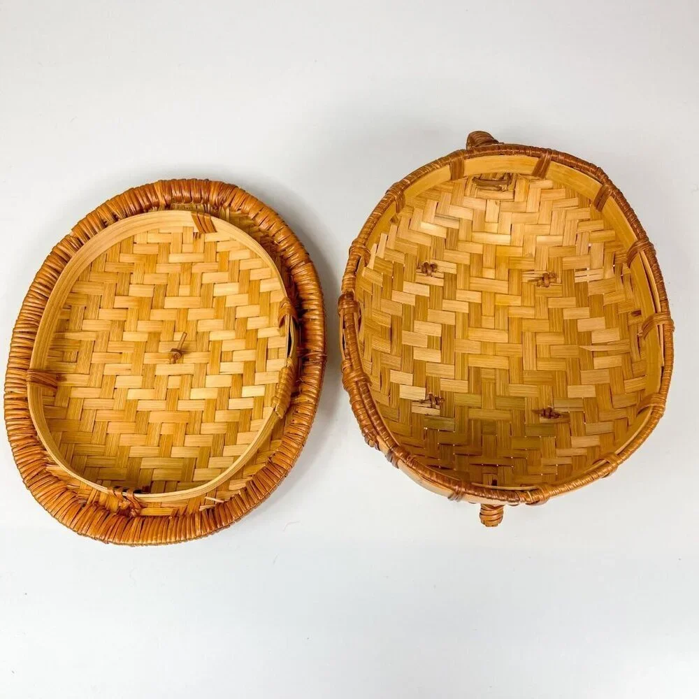 Woven Wicker Turtle Basket Box Lid Tortoise Rattan